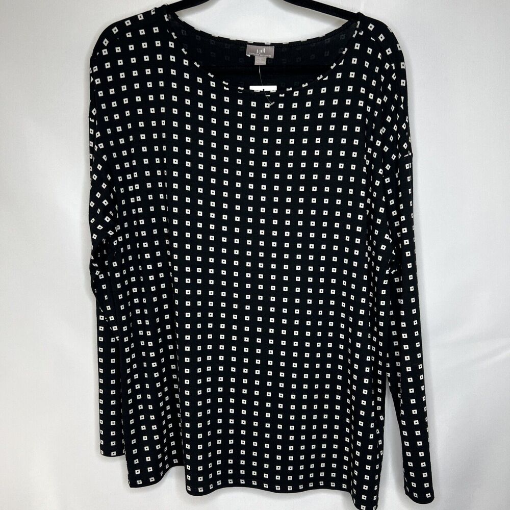 J. Jill Wearever Collection Top Tunic Shirt Black White Stretch Geometric Large